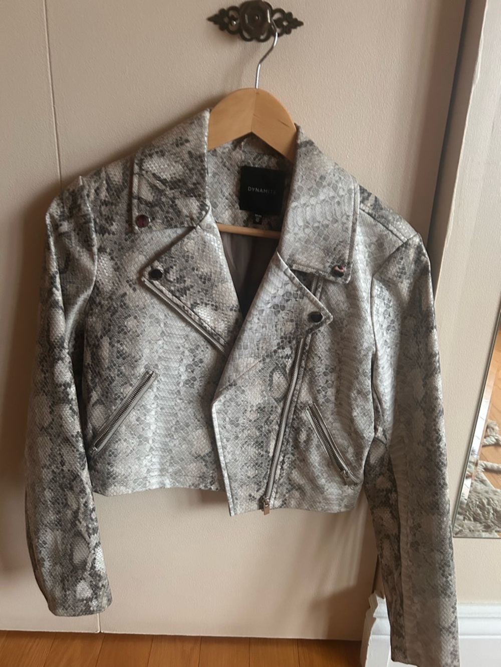 Dynamite Snake-Print Faux Leather Moto Jacket - Gray - Picture 2 of 4